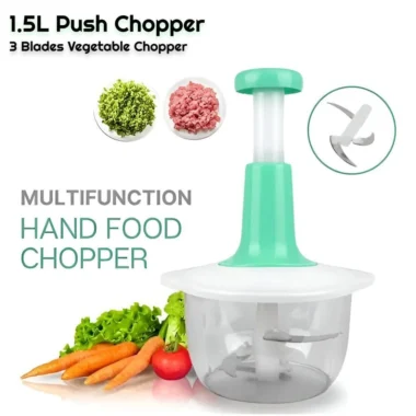 1.5L Push Chopper with 3 Blades - Multi-function Hand Food Processor for Vegetables & Meat